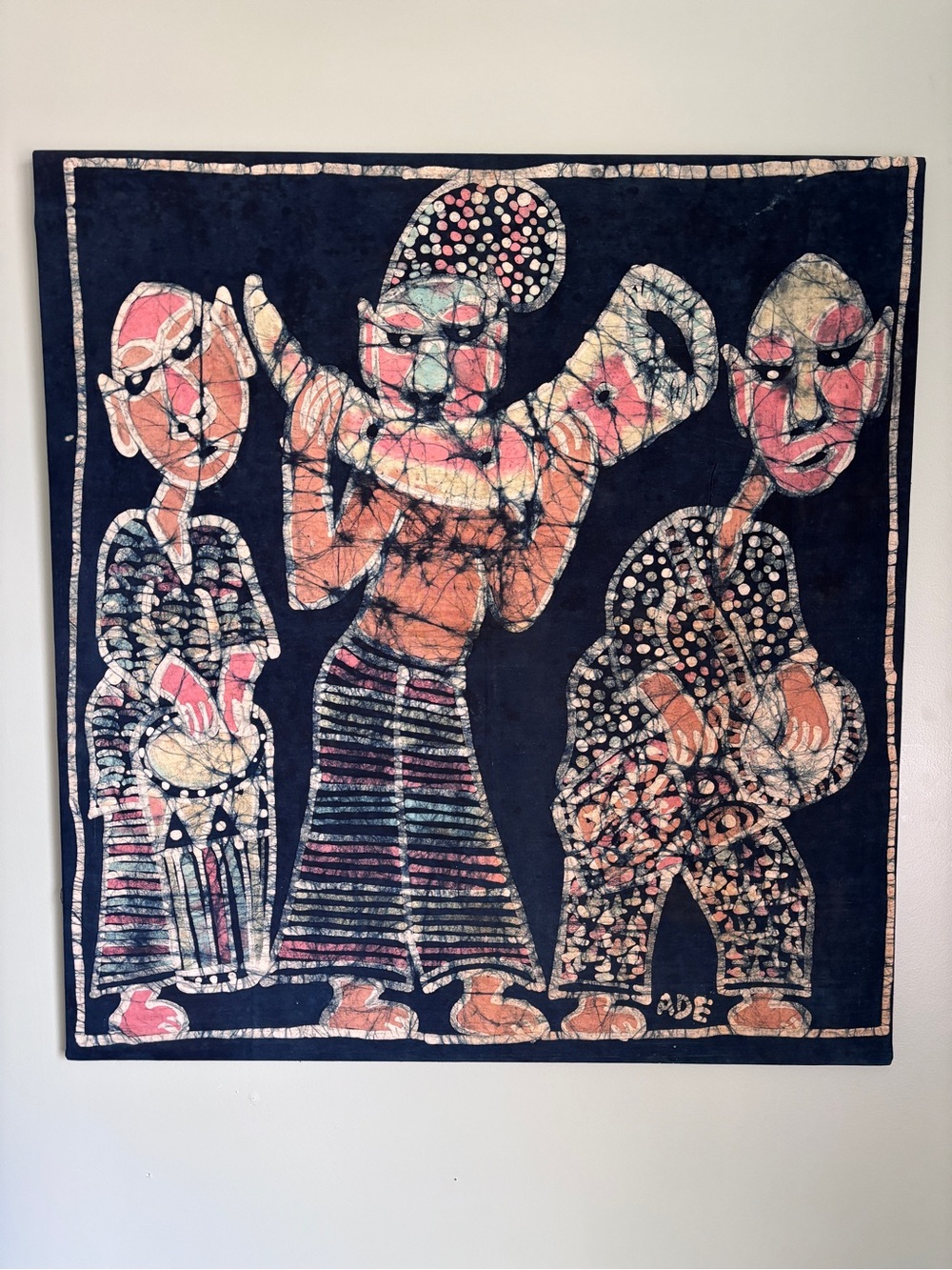 Ade Oyelami Signed Large Batik on cloth Wall Hanging Figures Nigerian